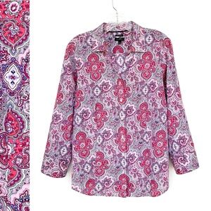 Talbots Button Down Paisley Print Shirt Women Wrinkle Resistant 3/4 Sleeve